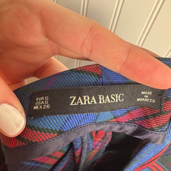 Zara blue green plaid trousers flat front zipper detail size small Q2 - Picture 4 of 5